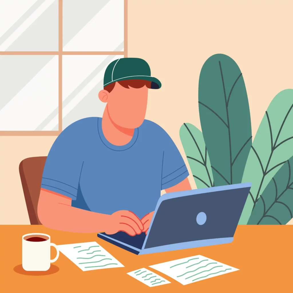 Strategist-working-on laptop-in-blue-shirt – casual-workspace